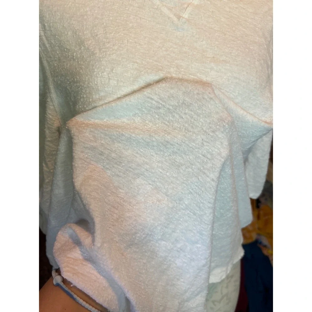 Free People White Cotton Linen Textured Puff Sleeve Top Crew Neck Slub Knit Sz L